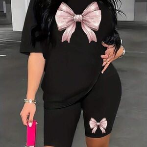 Black Two-Piece Set with Pink Bow Graphics